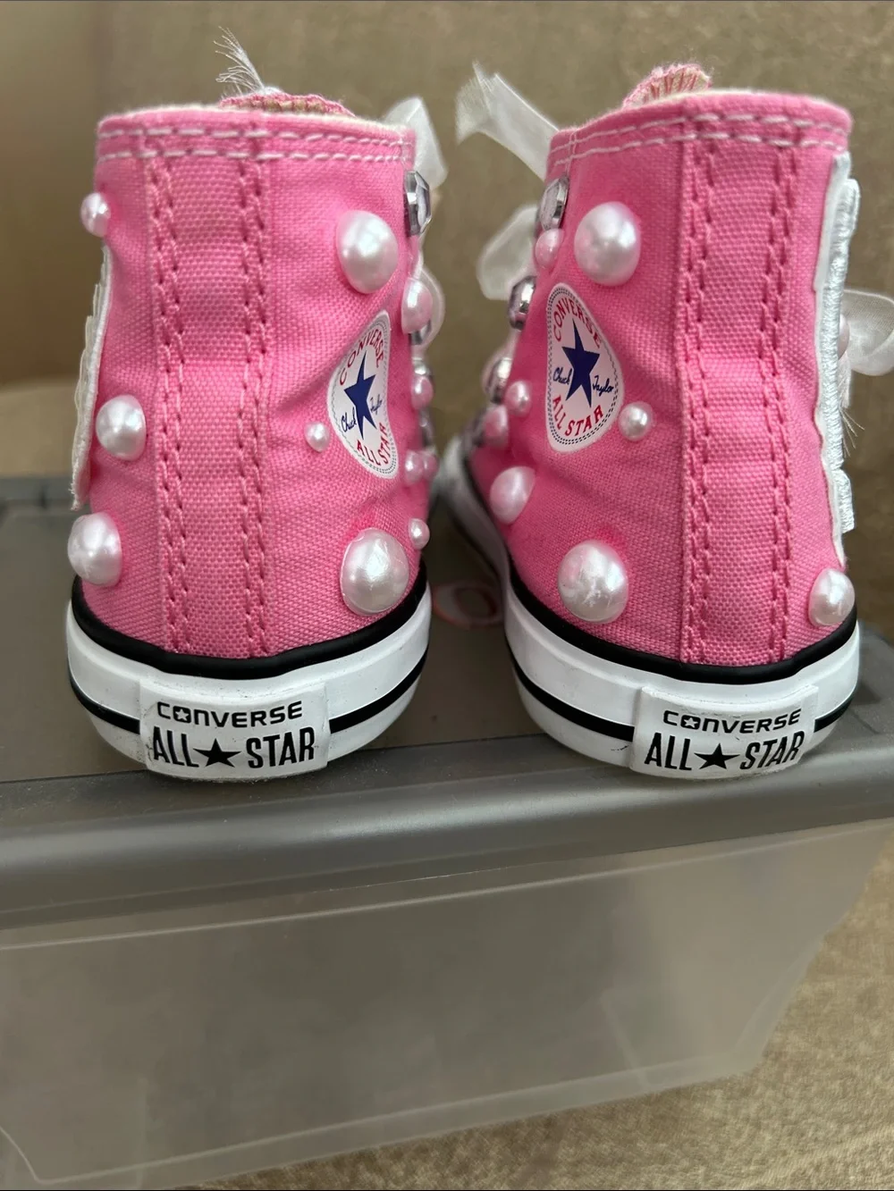 Converse Kids Pink High-Top Sneakers with Rhinestone Toe & Pearl Accents